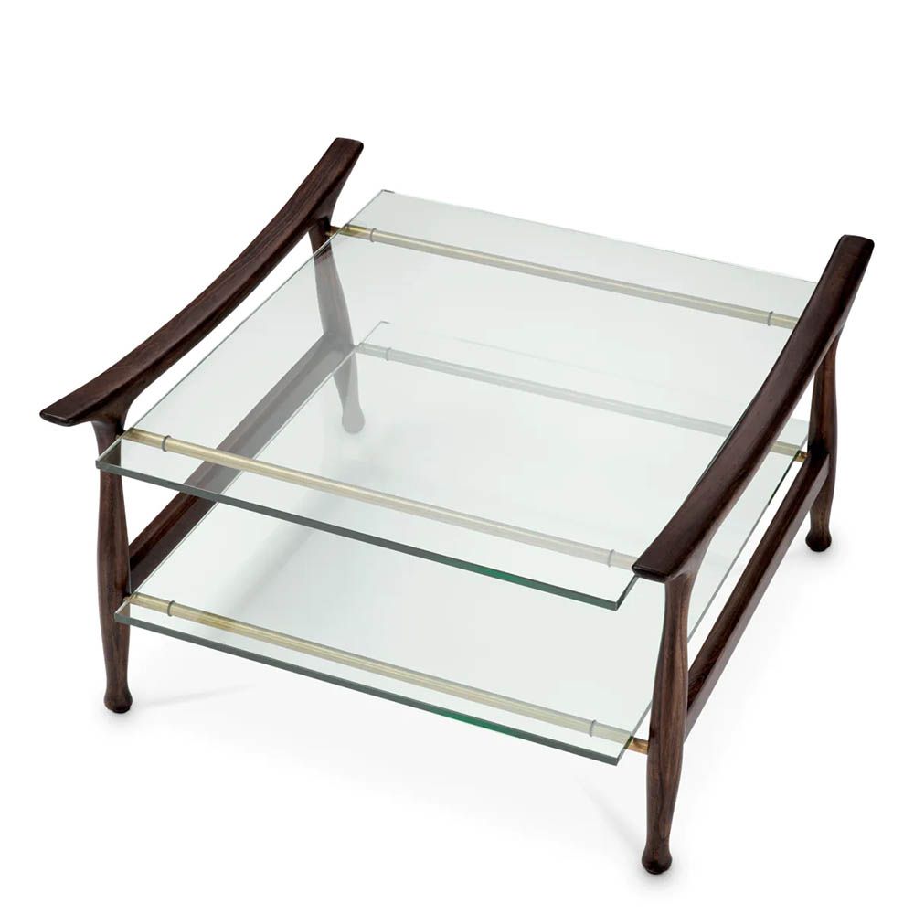 Timeless classic brown coffee table with clear glass top