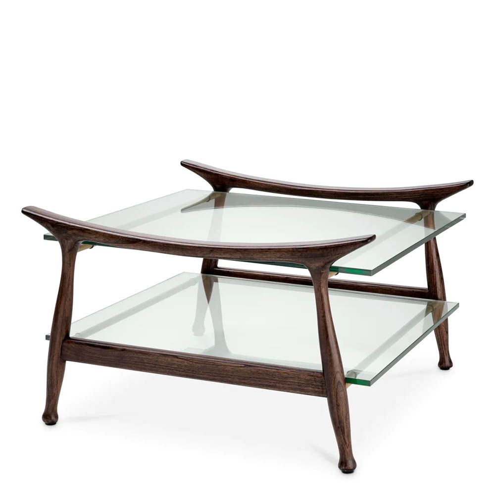 Timeless classic brown coffee table with clear glass top