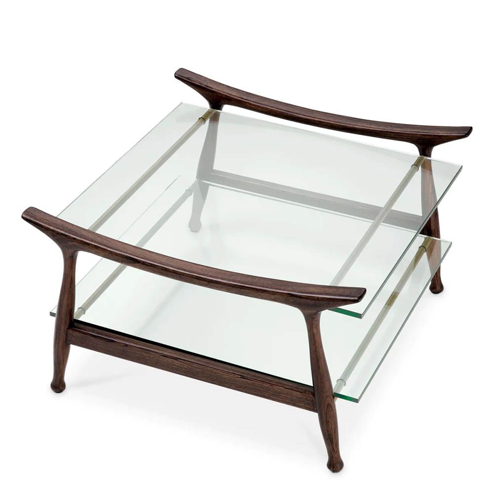 Timeless classic brown coffee table with clear glass top