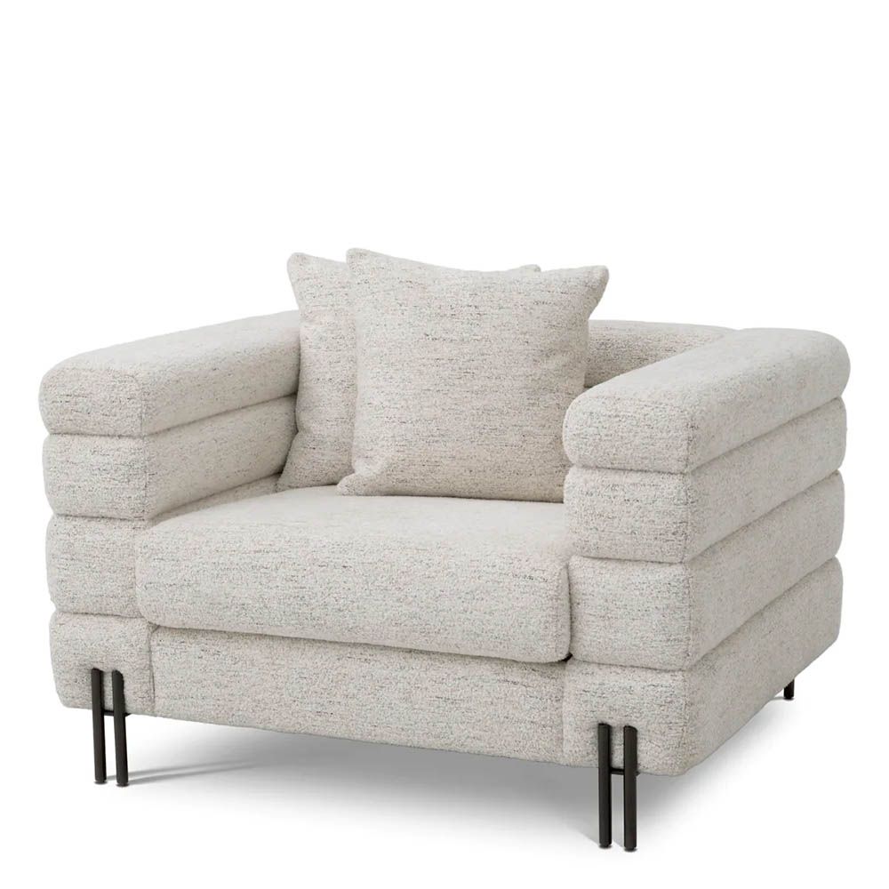 Square shaped horizontal fluted york armchair in off-white upholstery