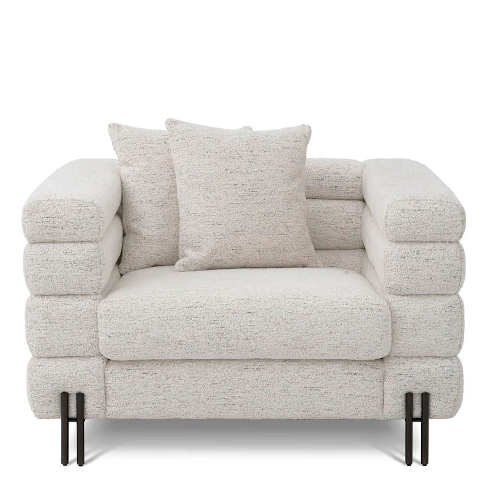 Square shaped horizontal fluted york armchair in off-white upholstery