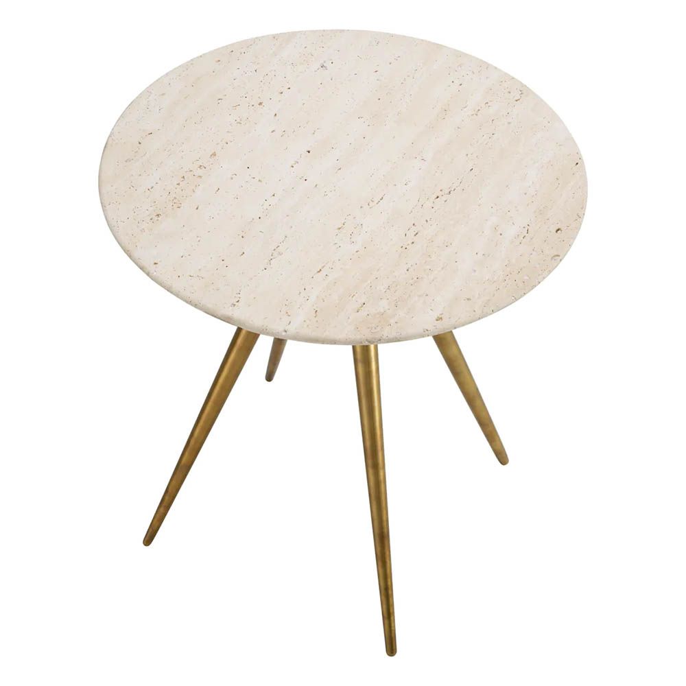 Side table with four brass finish legs and a round travertine top