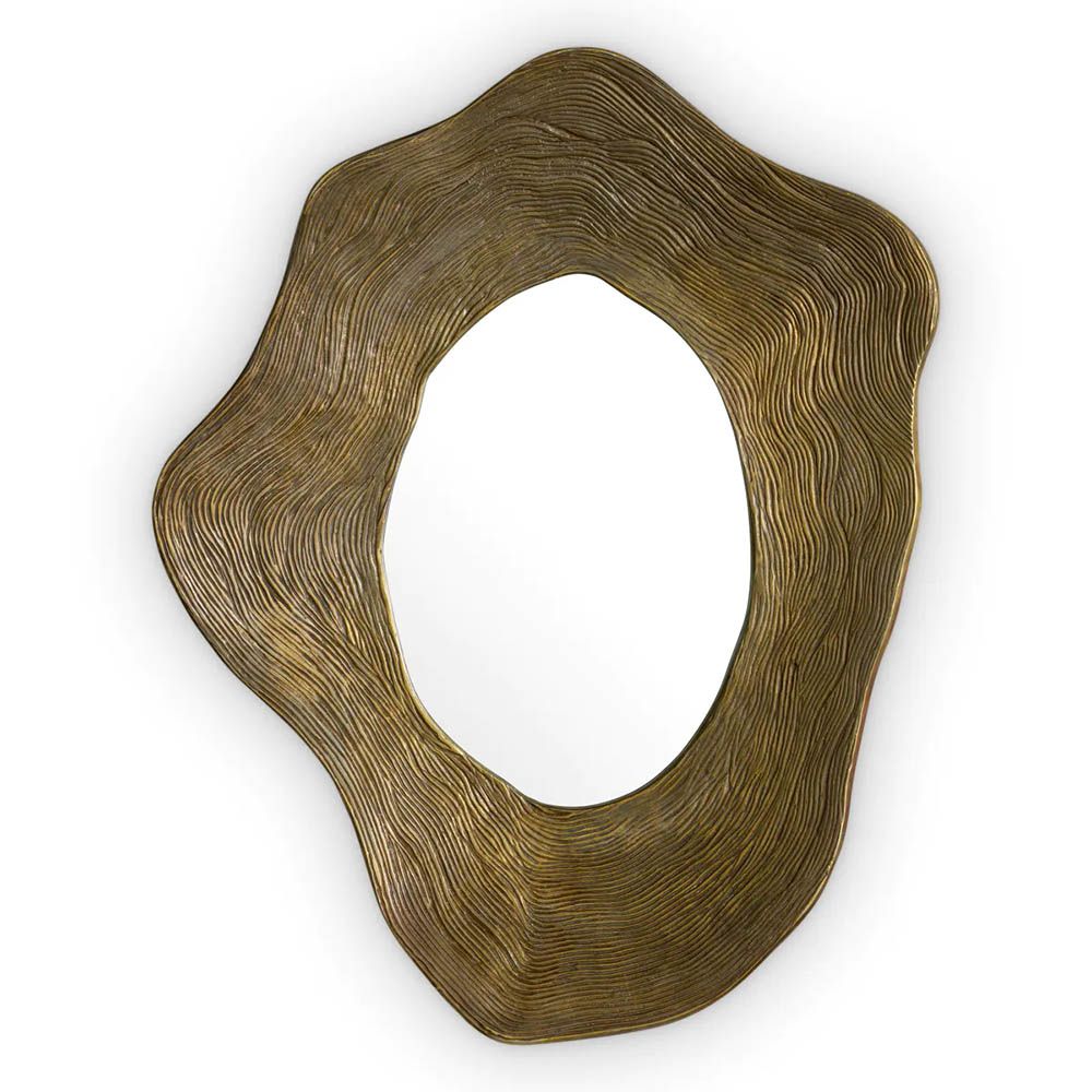 Mirror with vintage brass frame in rounded abstract design