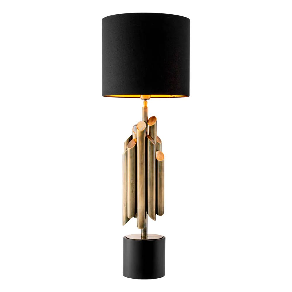Gold clustered pipe design table lamp with black shade