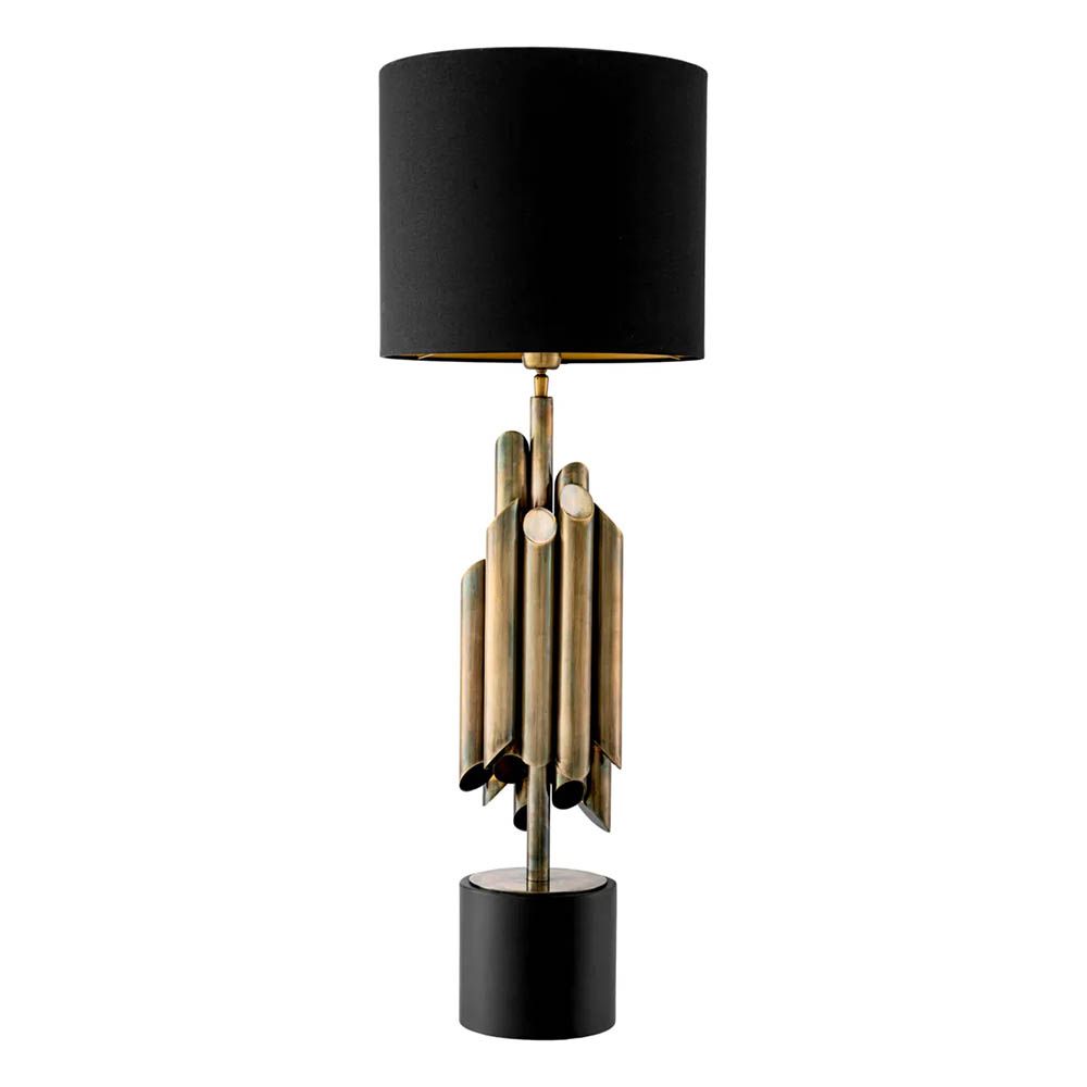 Gold clustered pipe design table lamp with black shade