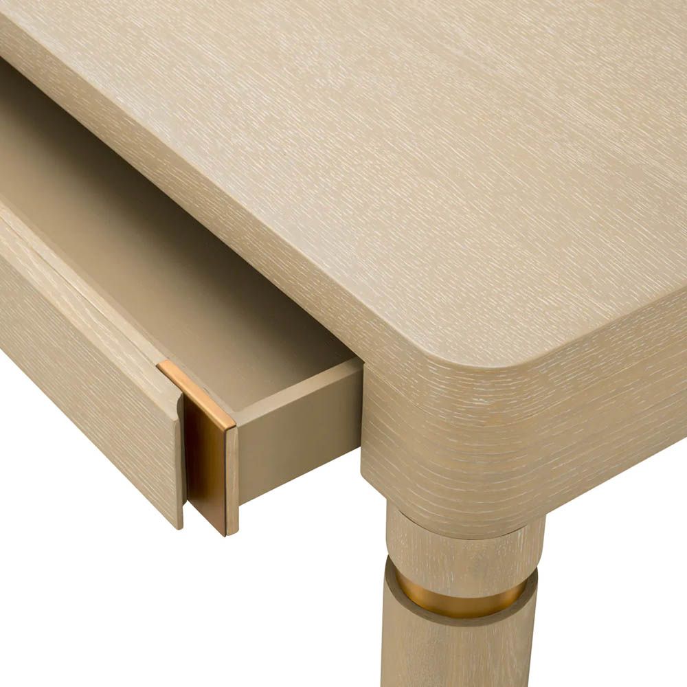 Smooth rectangular washed oak desk with brushed brass details