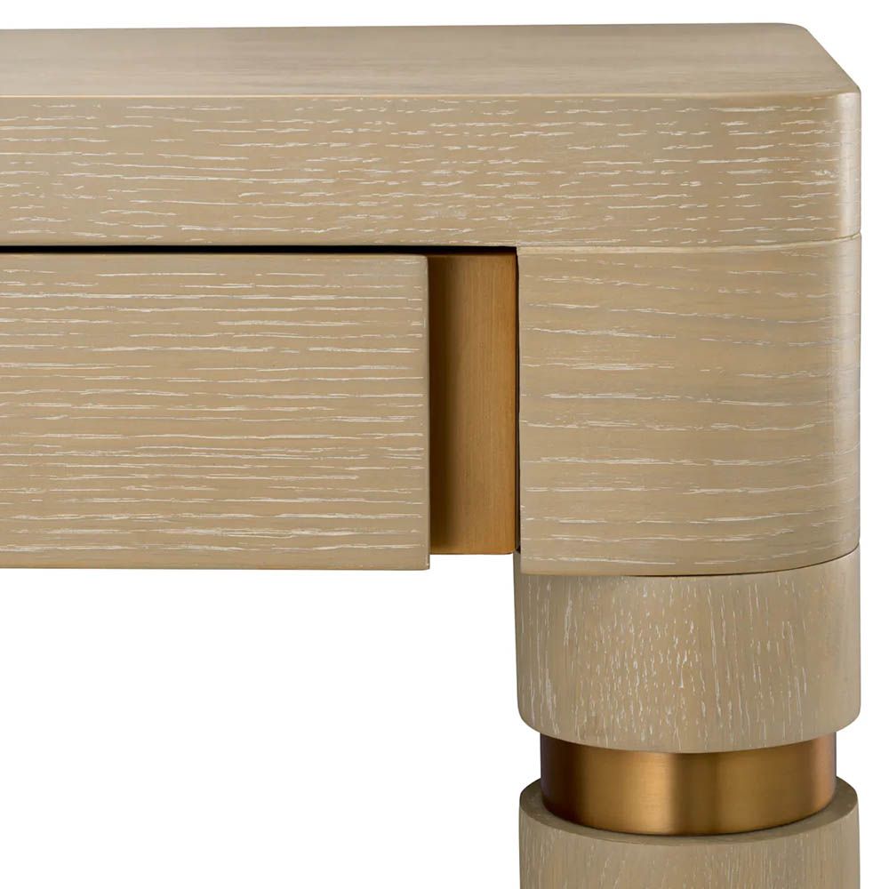 Smooth rectangular washed oak desk with brushed brass details