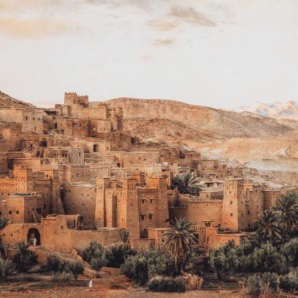 Print beautifully capturing the iconic Ksar in a delicate brown wooden frame