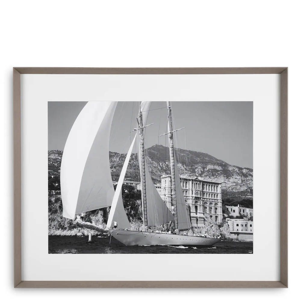 Wooden framed black and white boat print