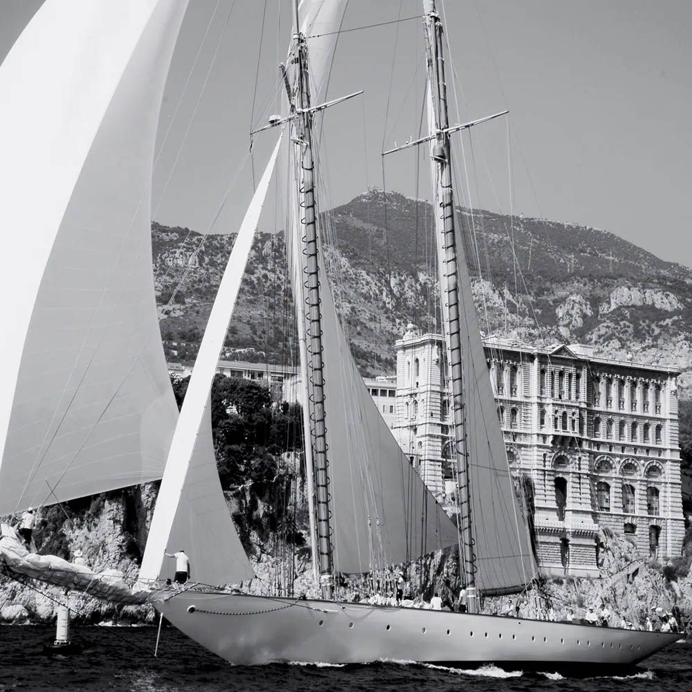 Wooden framed black and white boat print