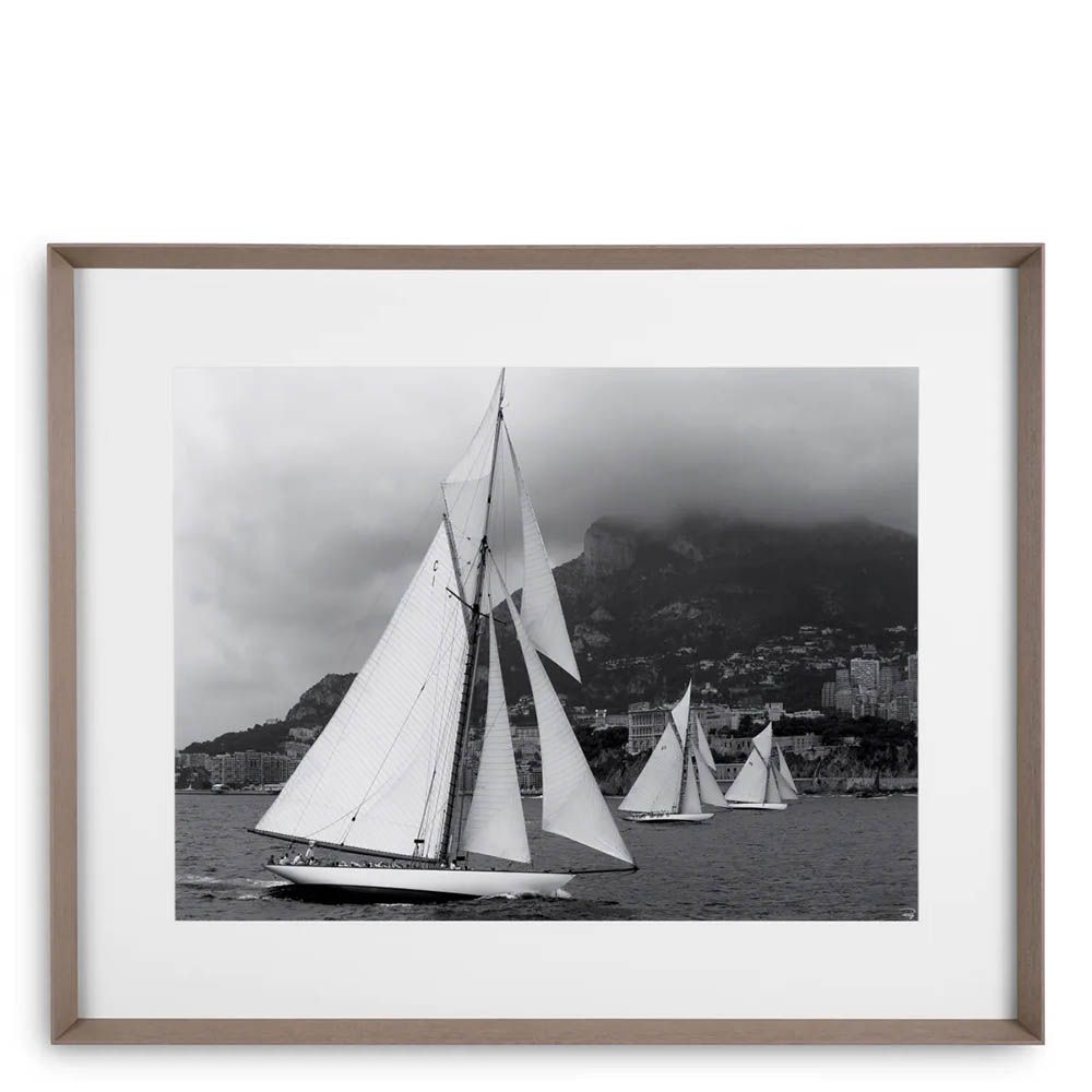 Wooden framed black and white boat print