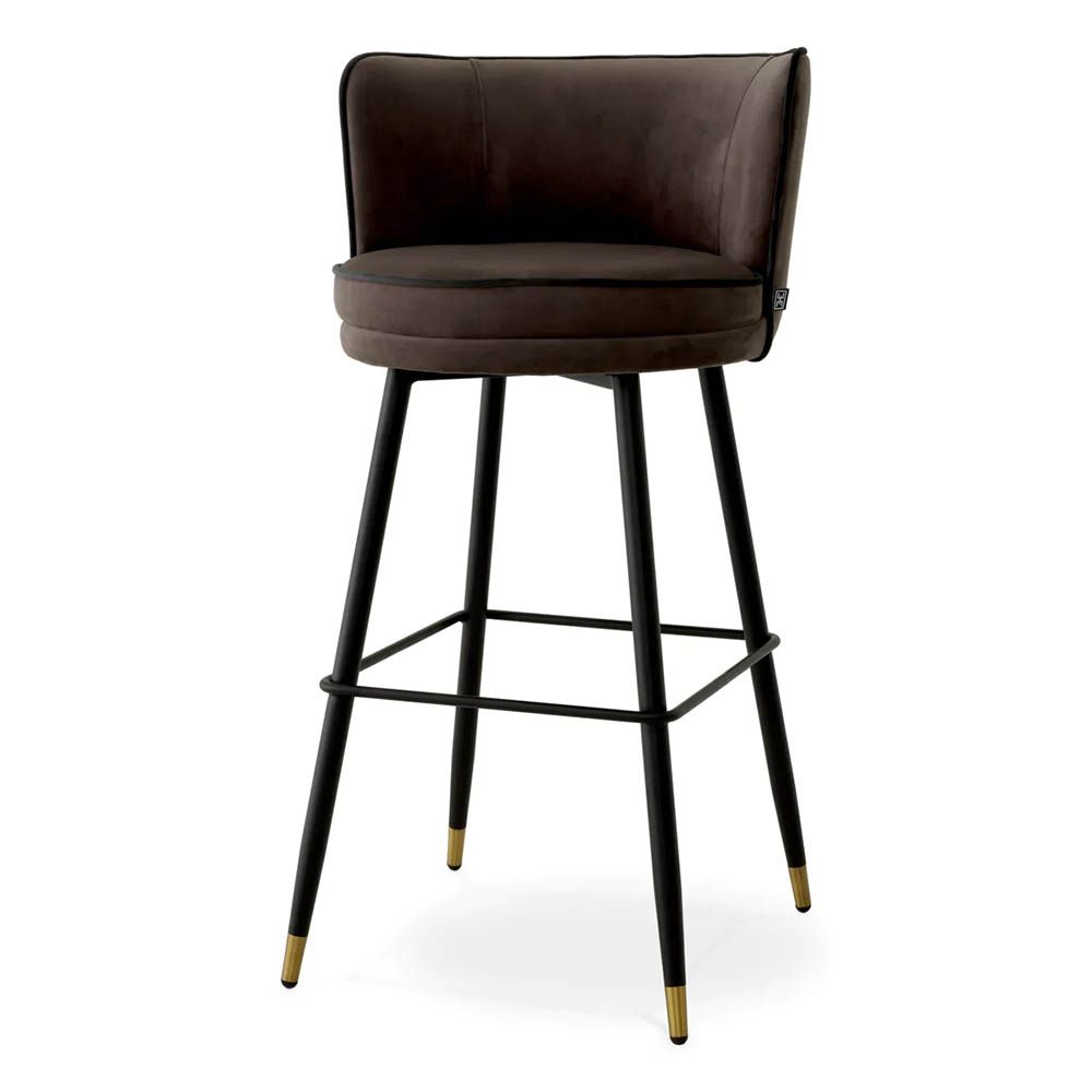 High-back barstool in dark savona grey velvet upholstery and contrast piping