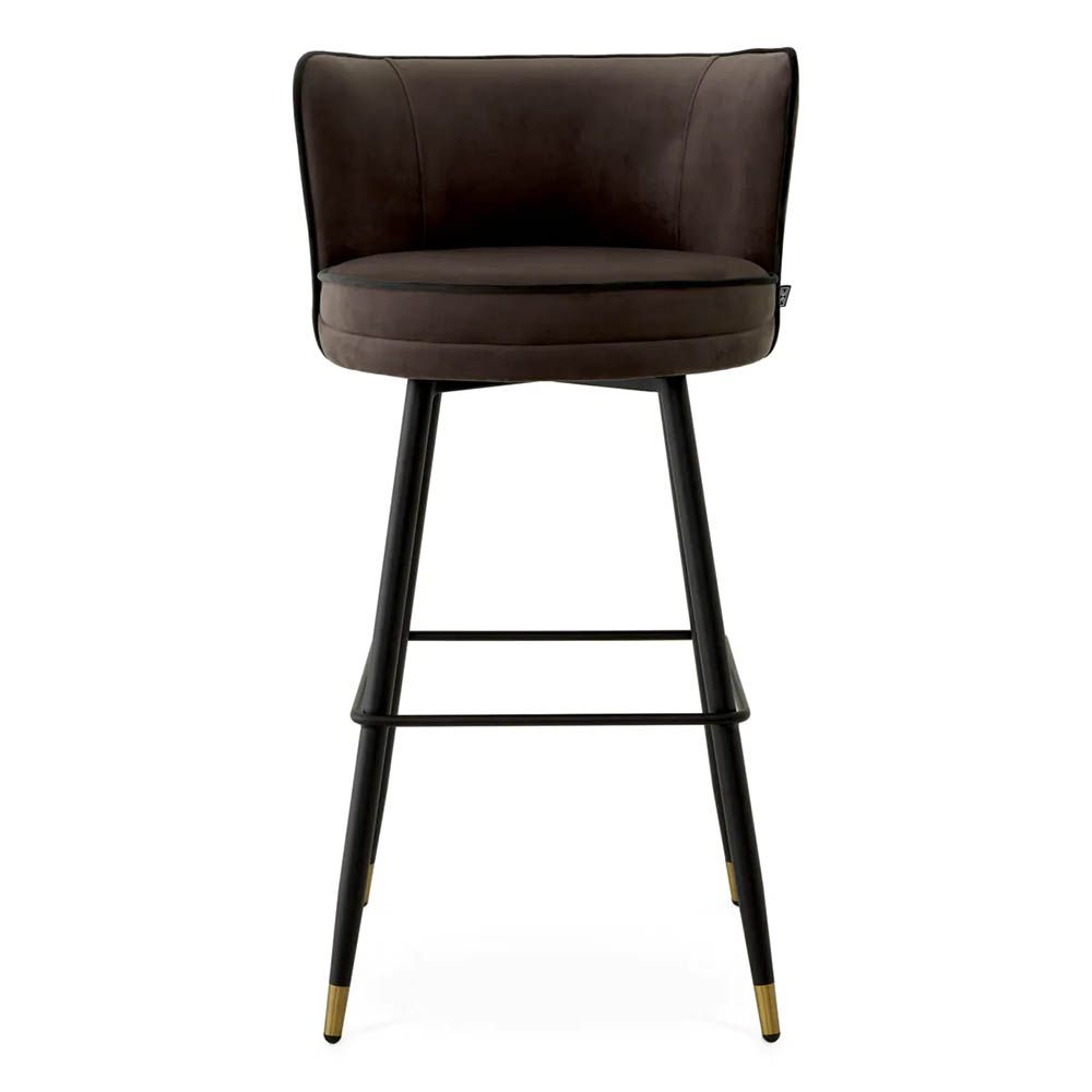 High-back barstool in dark savona grey velvet upholstery and contrast piping