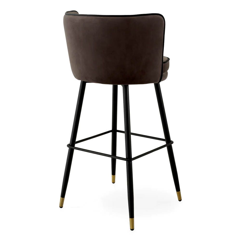High-back barstool in dark savona grey velvet upholstery and contrast piping