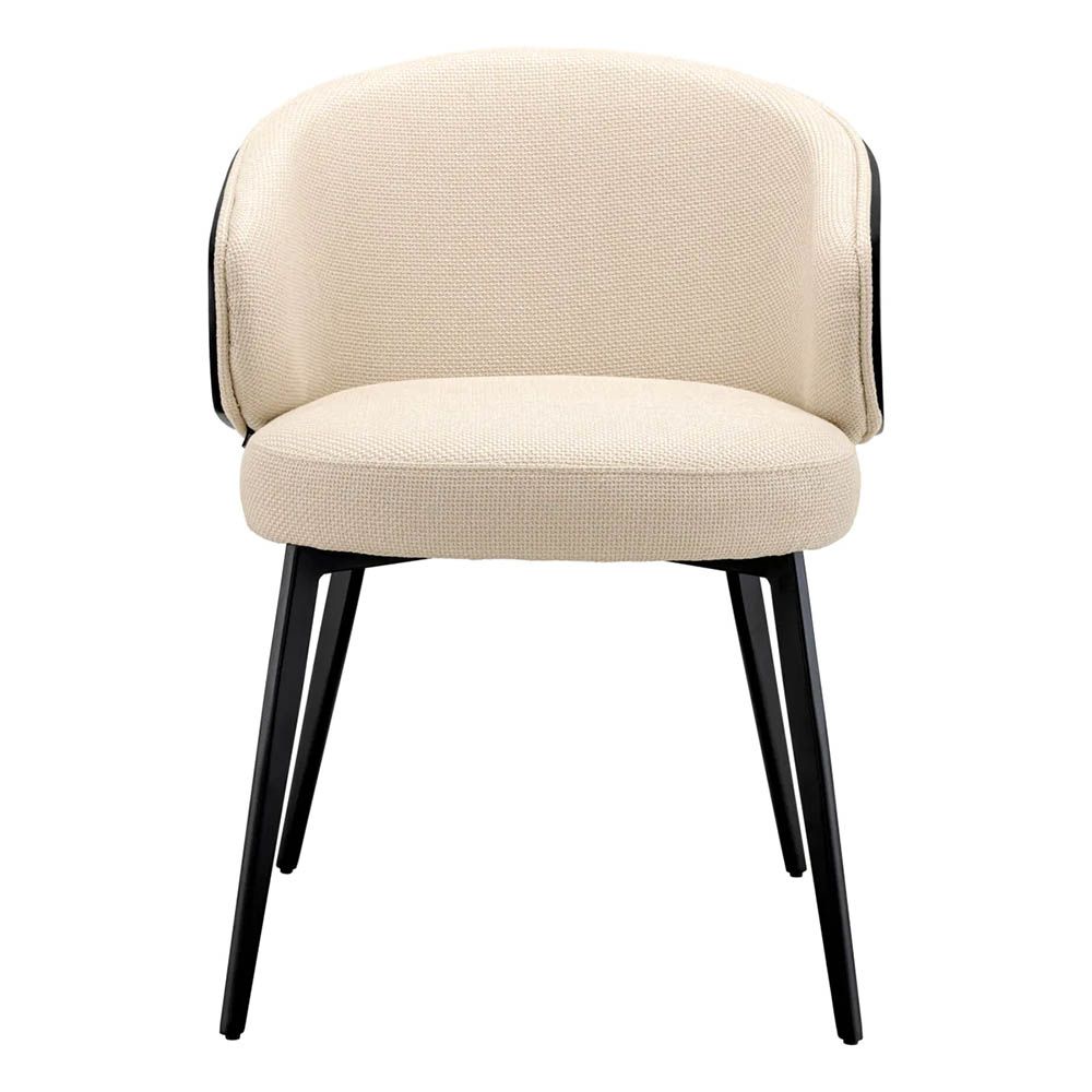 cream coloured linen dining chair with black wooden back