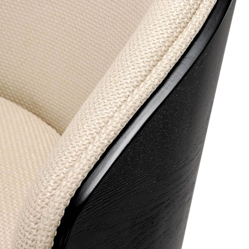 cream coloured linen dining chair with black wooden back