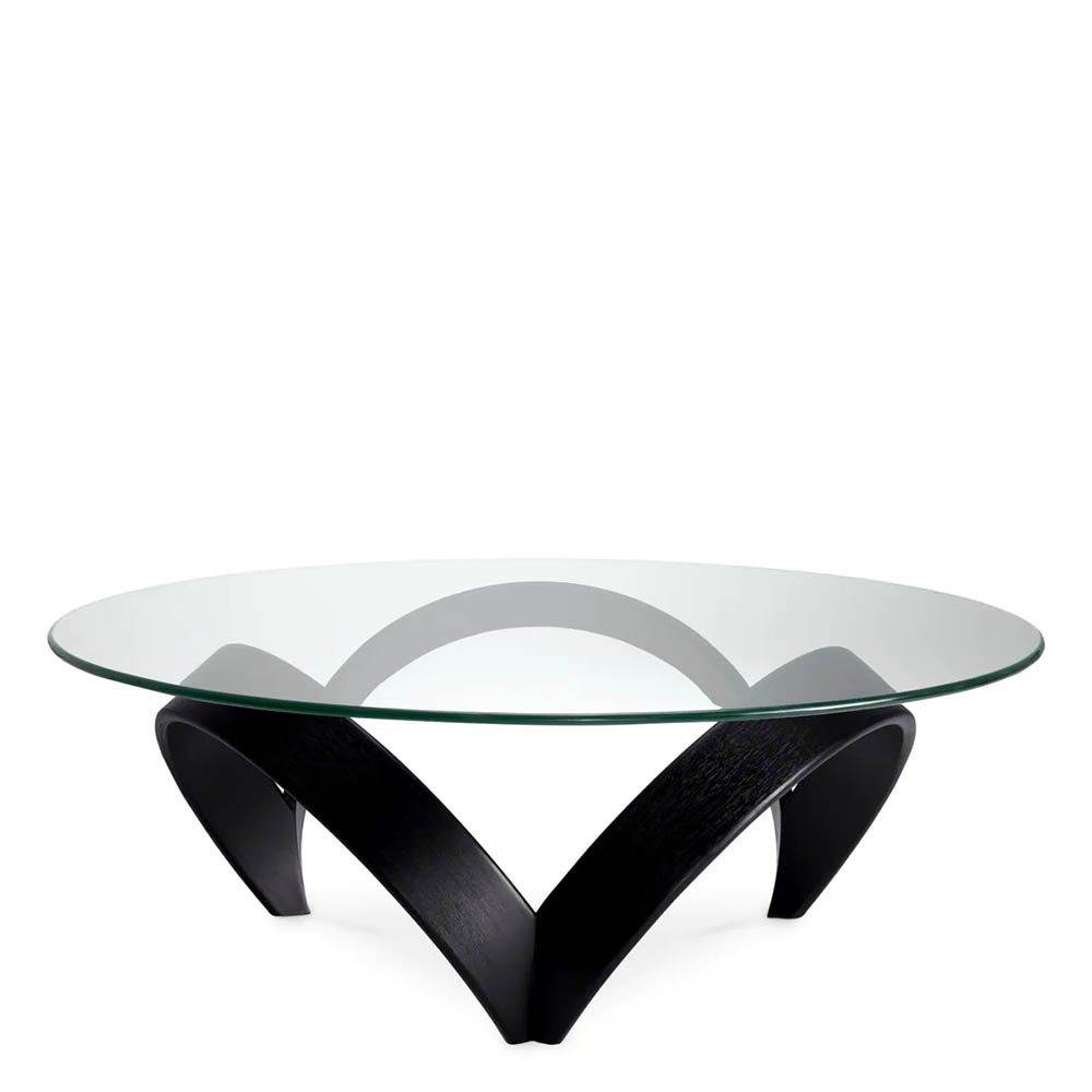 Curvaceous trio legged coffee table with round glass top
