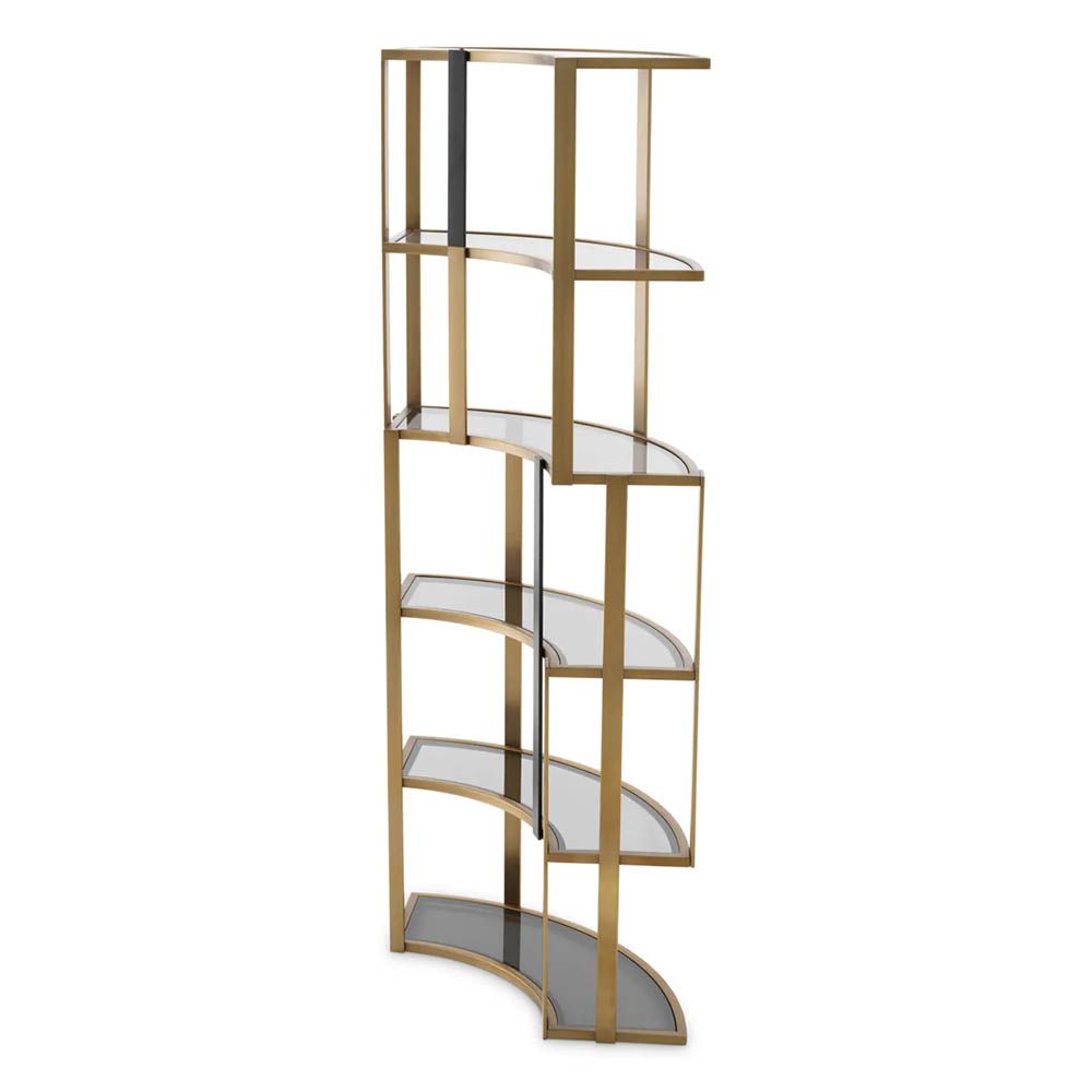 Contemporary corner cabinet with shelves finished in brushed brass