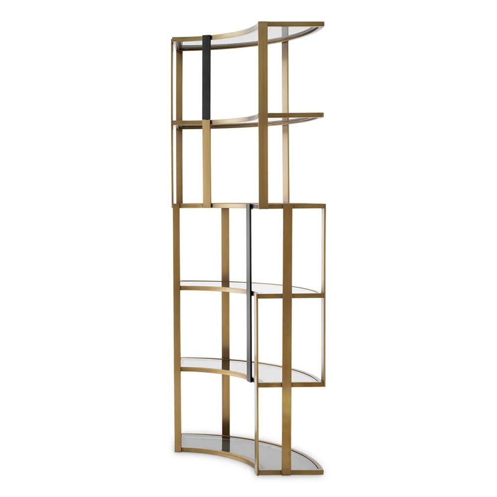 Contemporary corner cabinet with shelves finished in brushed brass