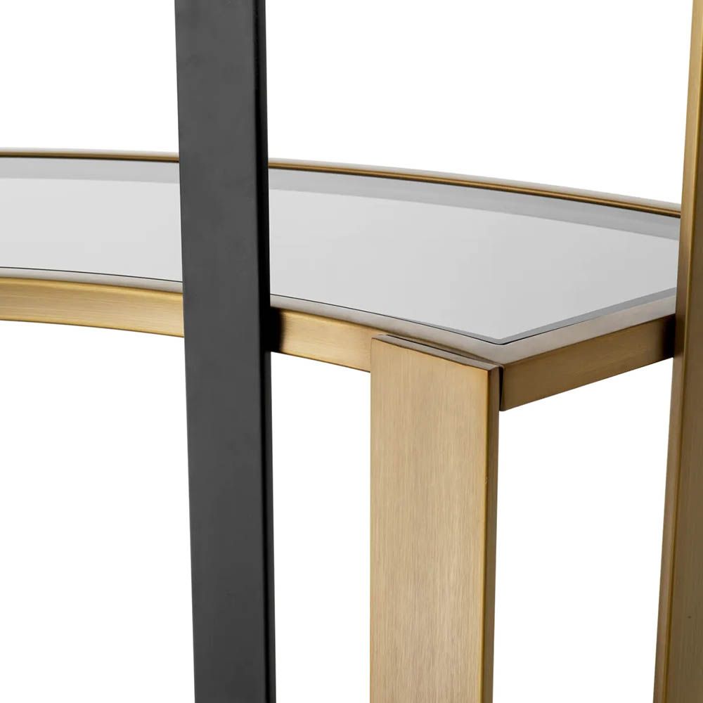 Contemporary corner cabinet with shelves finished in brushed brass
