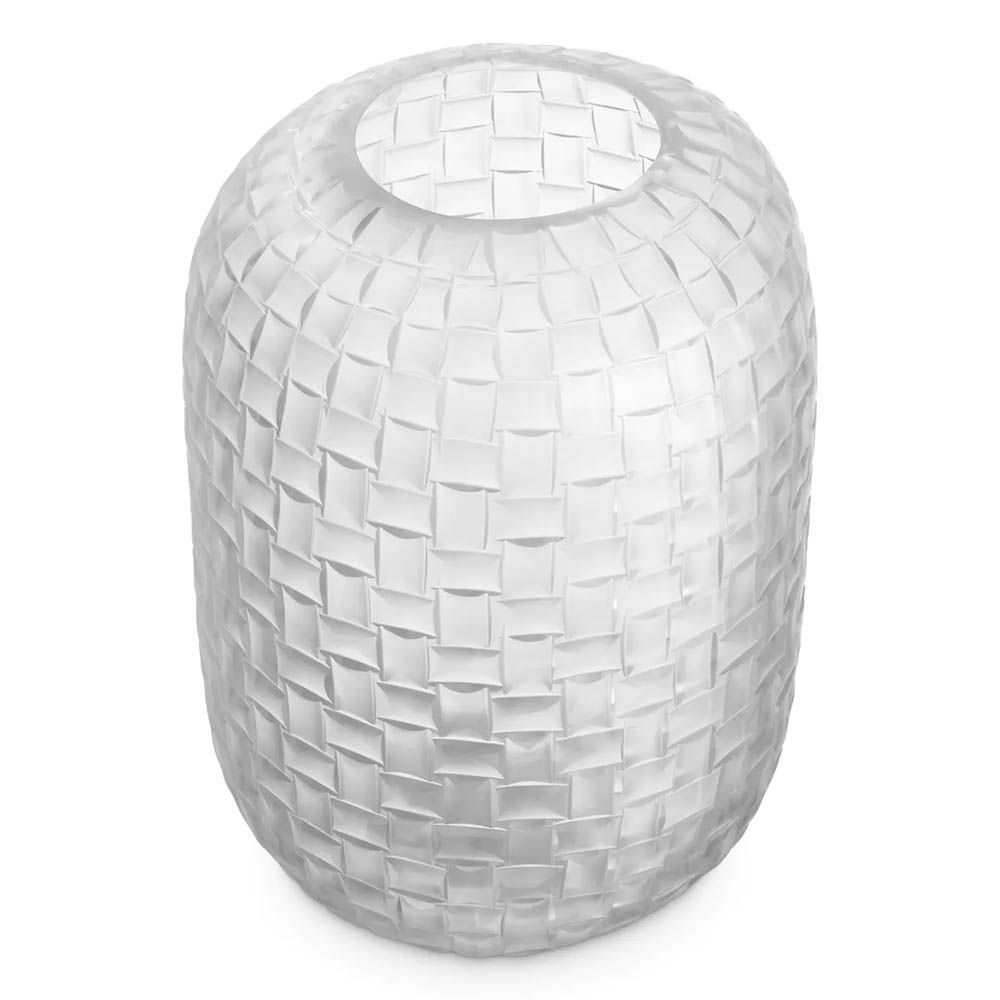Glass vase with frosted finish and meticulous hand cut woven details