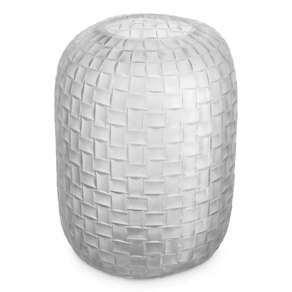 Glass vase with frosted finish and meticulous hand cut woven details