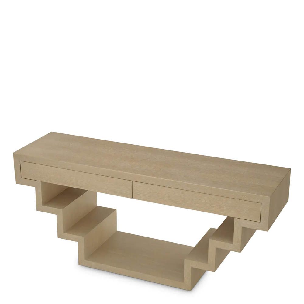 Stepped modern console table with two drawers in washed wood
