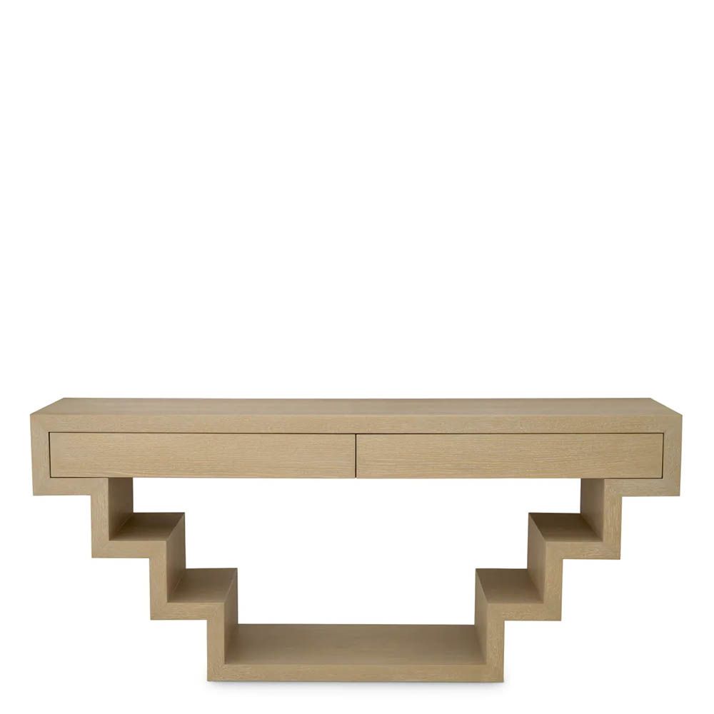 Stepped modern console table with two drawers in washed wood