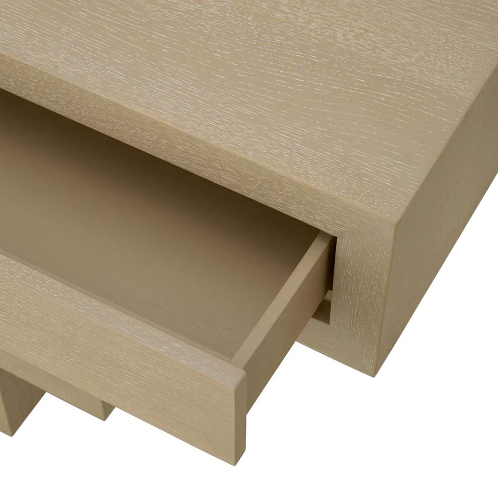 Stepped modern console table with two drawers in washed wood