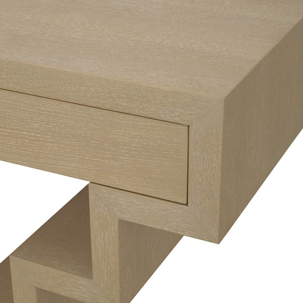 Stepped modern console table with two drawers in washed wood
