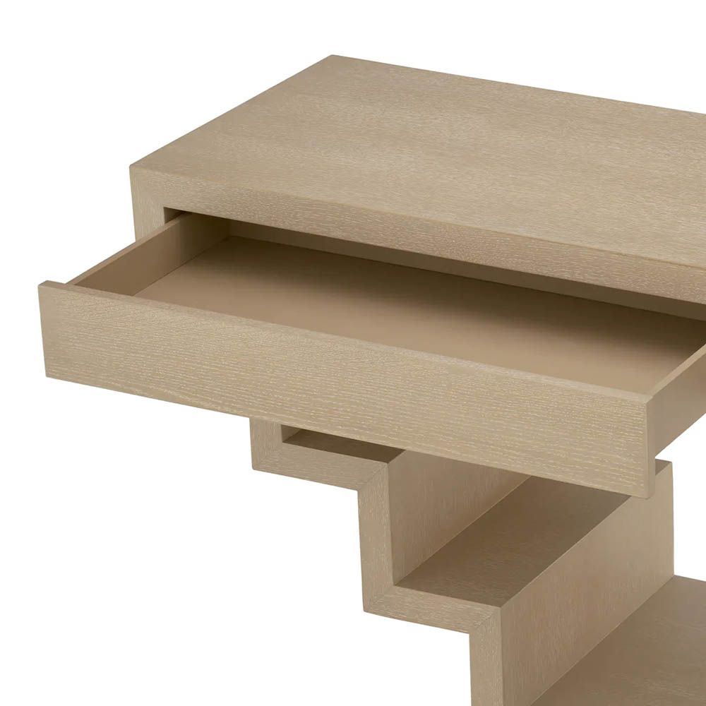 Stepped modern console table with two drawers in washed wood