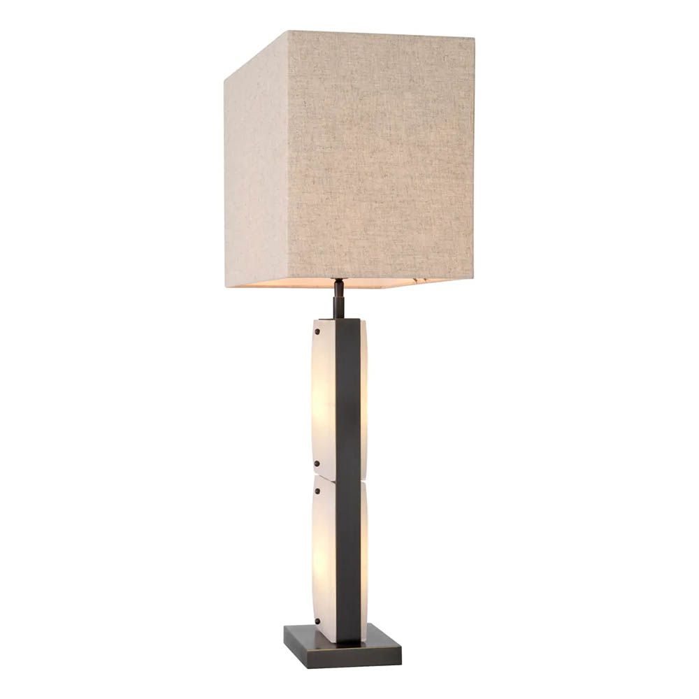 alabaster and bronze finish, with light warmly diffusing through the base for an inviting glow