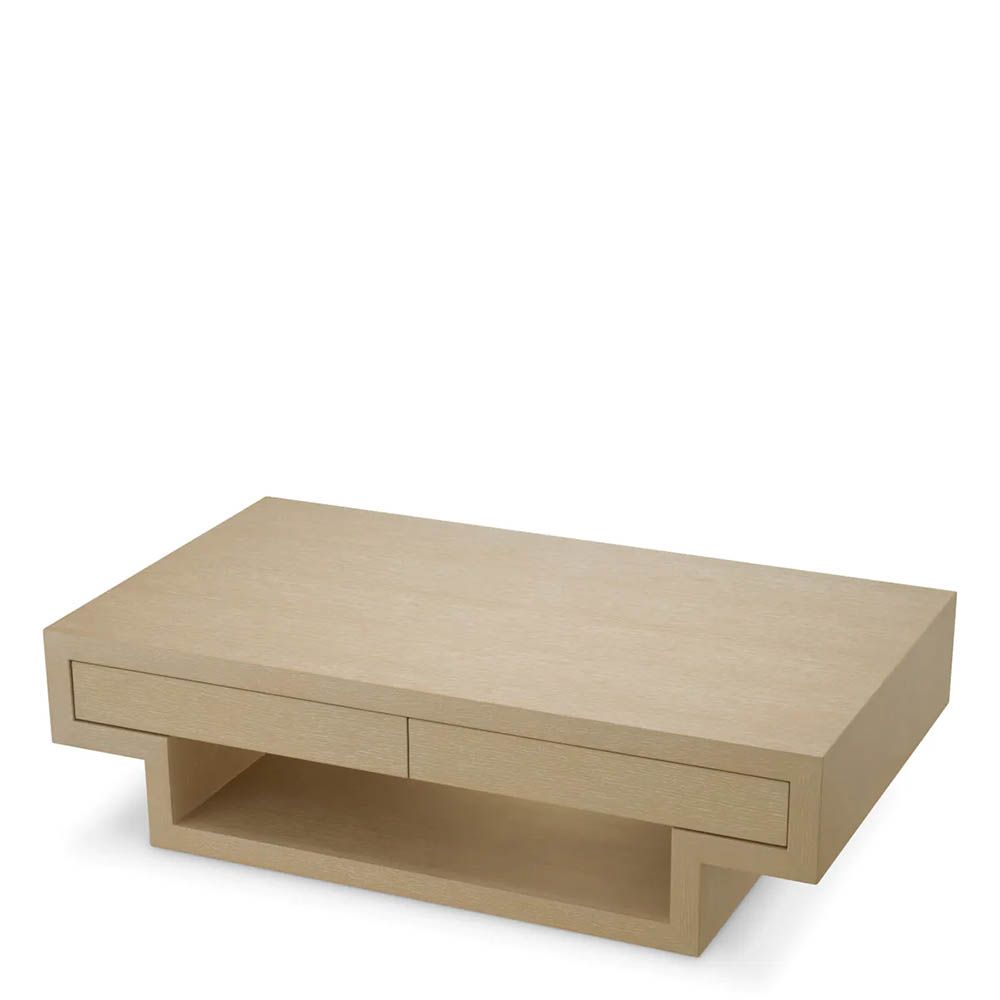 Low modern coffee table with shelf and two drawers in washed wood