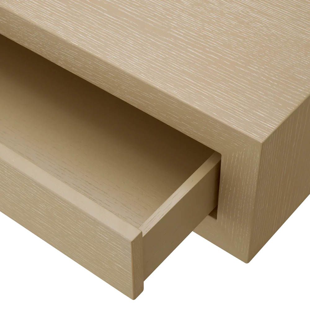 Low modern coffee table with shelf and two drawers in washed wood