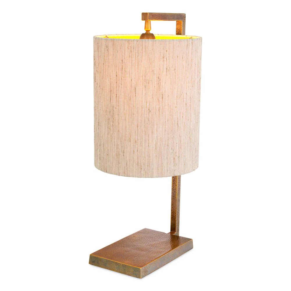 Angular table lamp with linen shade in brass finish