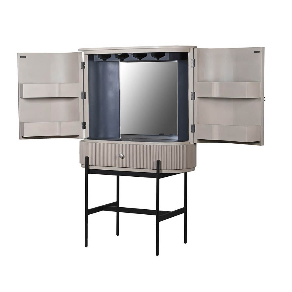 fluted wooden wine cabinet on stand
