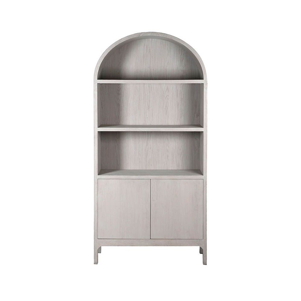 oak wood display cabinet in light grey finish with arched top