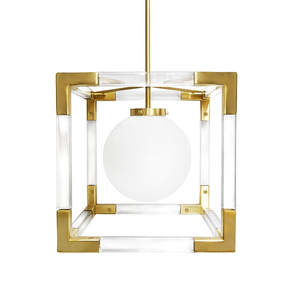 A modern chandelier made from clear acrylic and brushed brass 