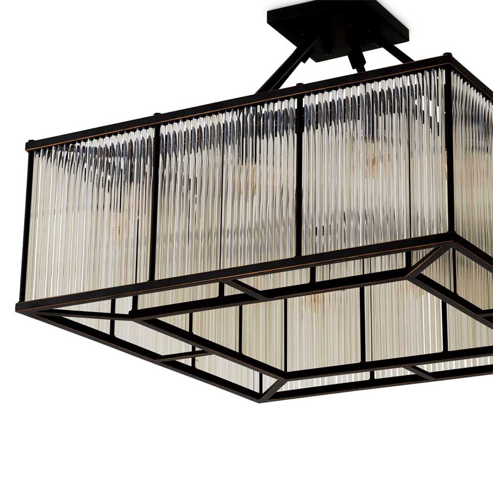 Square ceiling light with bronze frame and glass rod details
