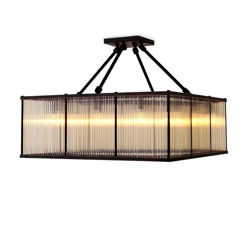Square ceiling light with bronze frame and glass rod details
