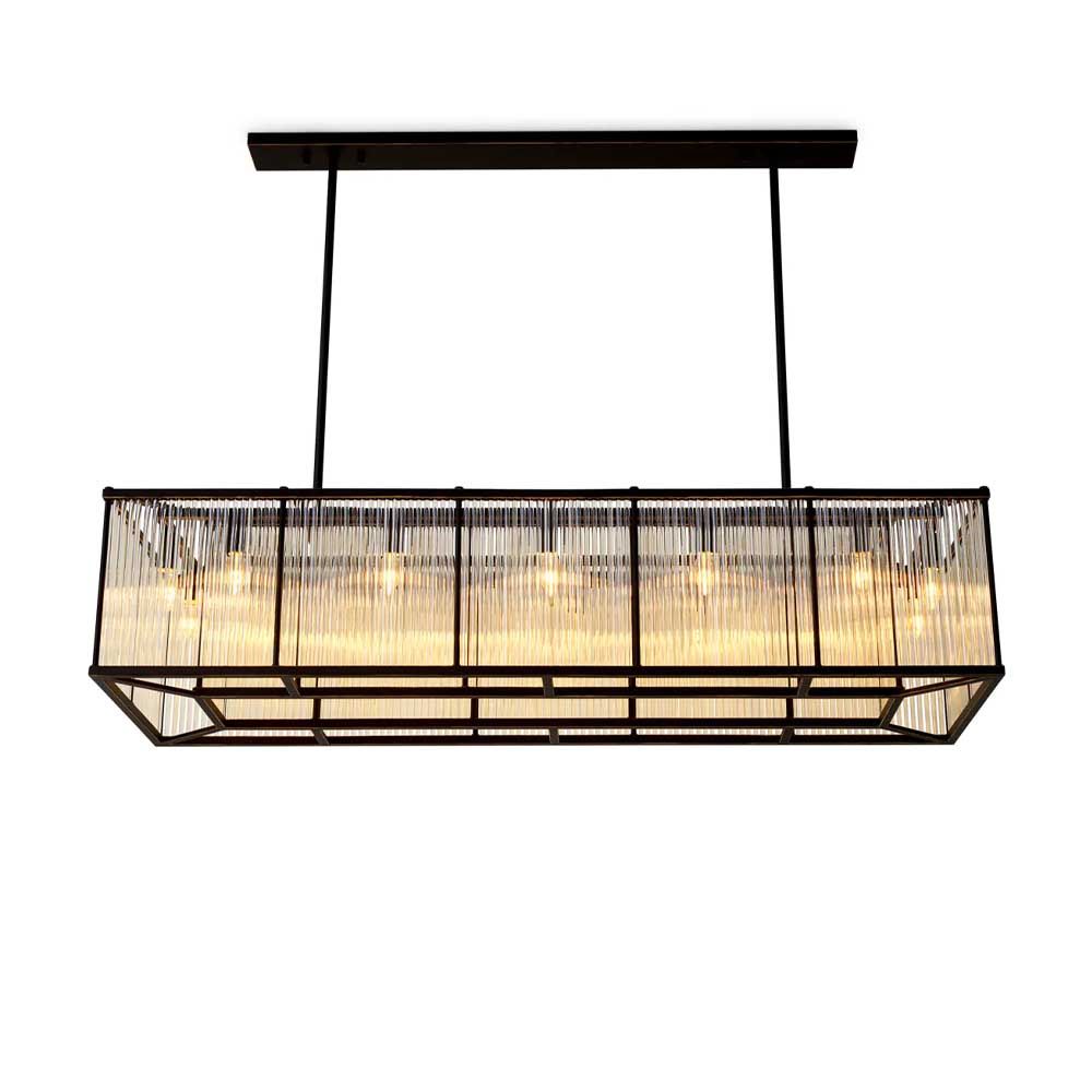 Glass rod rectangular chandelier with bronze metal frame