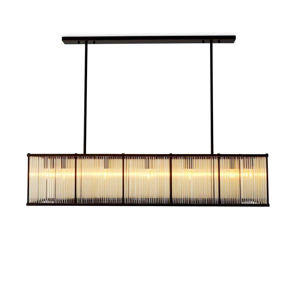 Glass rod rectangular chandelier with bronze metal frame