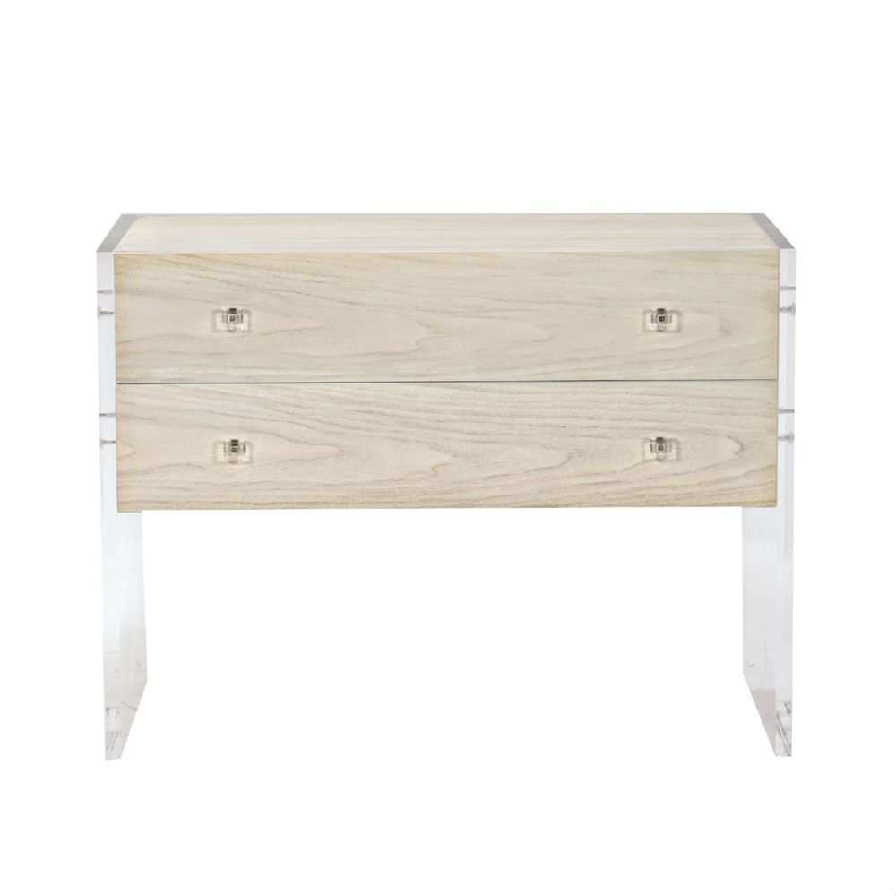 A beautiful two drawer bedside table from Bernhardt featuring a rustic bleached walnut veneer finish and acrylic end panels