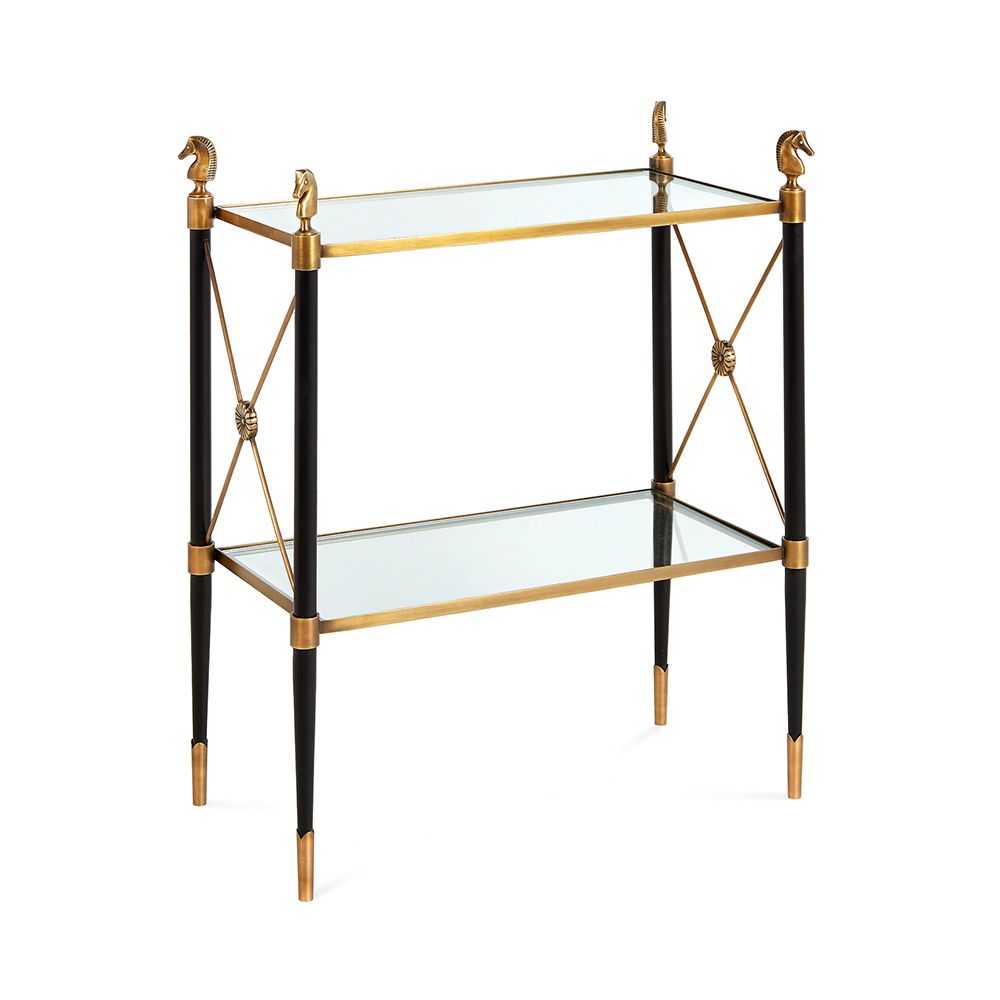 A regal brass and black French Empire-inspired side table with glass shelves