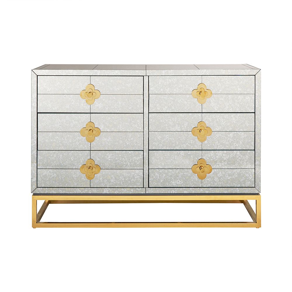 A luxurious six-drawer brass and antiqued mirror glass chest