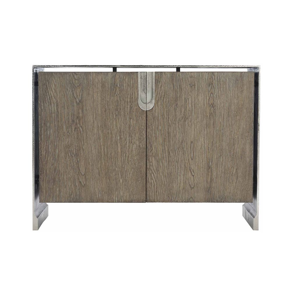 A beautiful two drawer chest from Bernhardt featuring a white oak veneer inner case and an aluminium outer case with a nickel finish