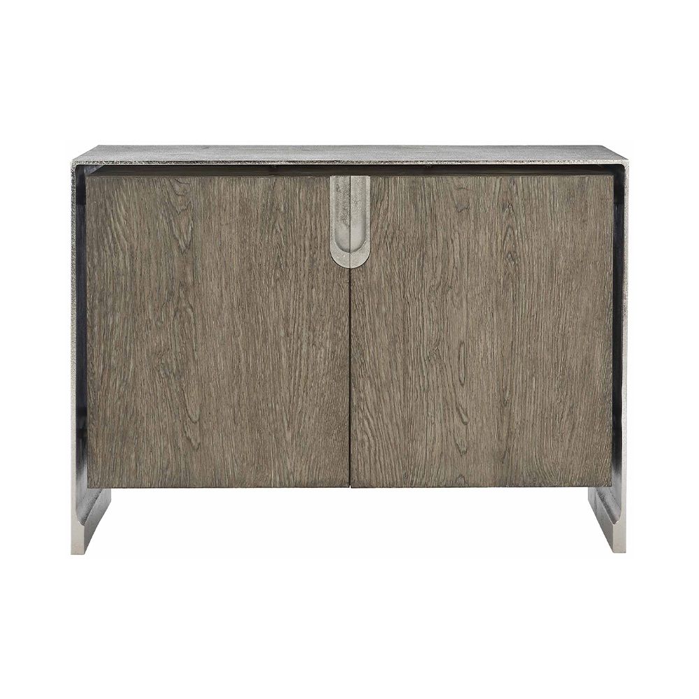 A beautiful two drawer chest from Bernhardt featuring a white oak veneer inner case and an aluminium outer case with a nickel finish