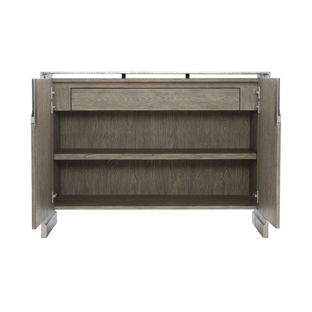 A beautiful two drawer chest from Bernhardt featuring a white oak veneer inner case and an aluminium outer case with a nickel finish