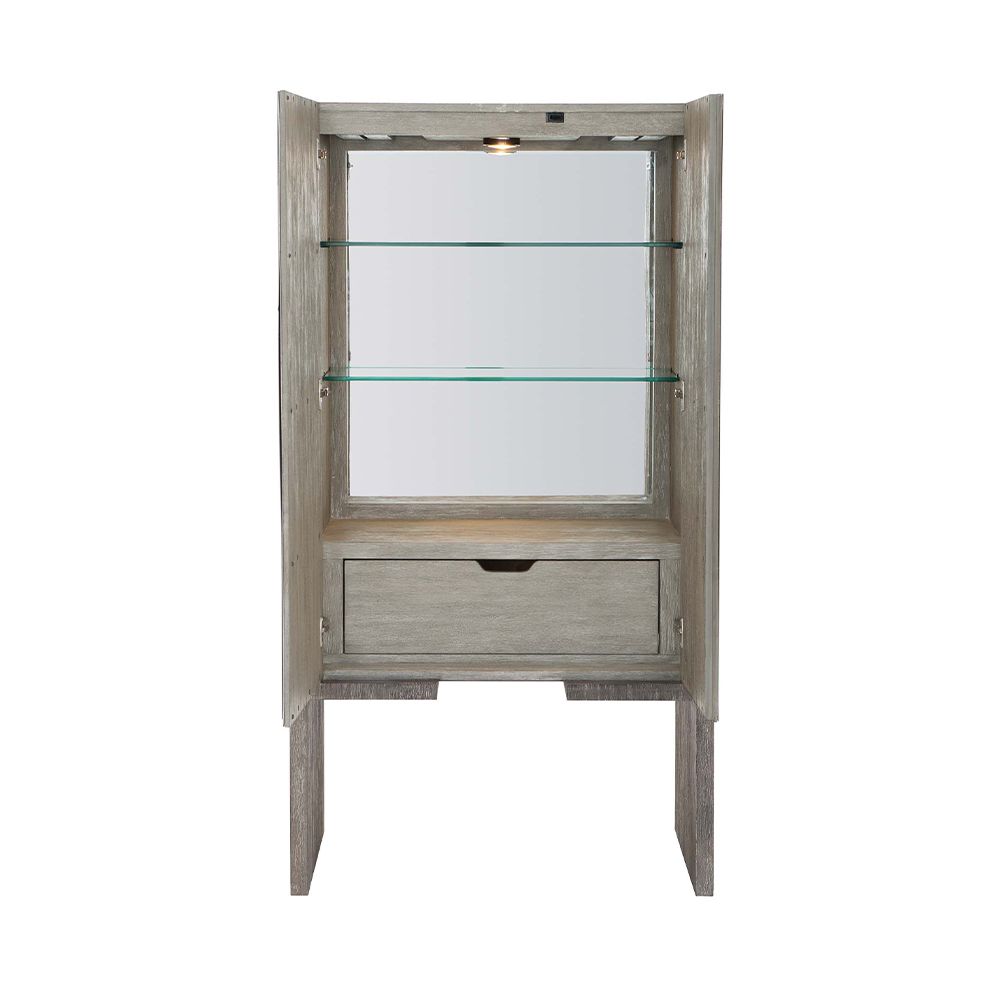 A stylish two door bar cabinet featuring a lovely two tone finish, a mirrored glass back panel and plenty of storage for all of your bar essentials
