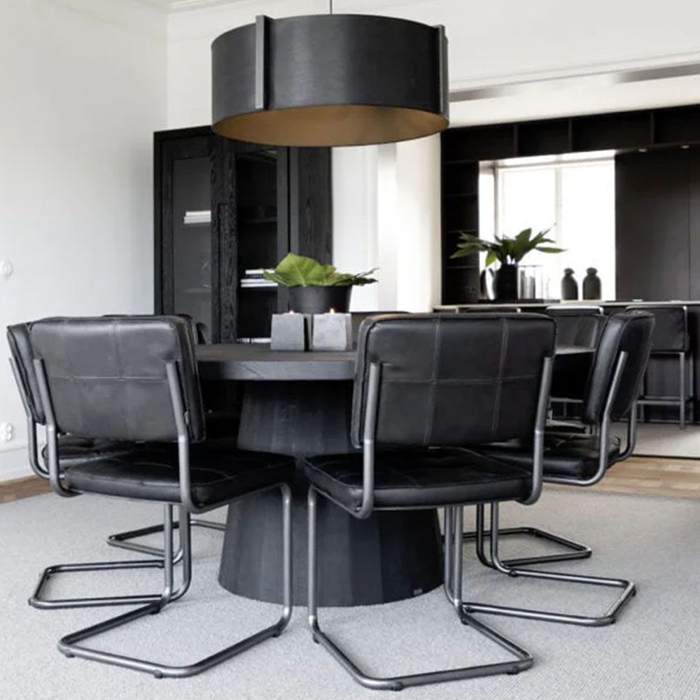 Black round oak natural dining table